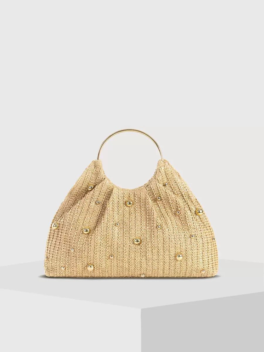 Woven Raffia Bag with Gold Studs